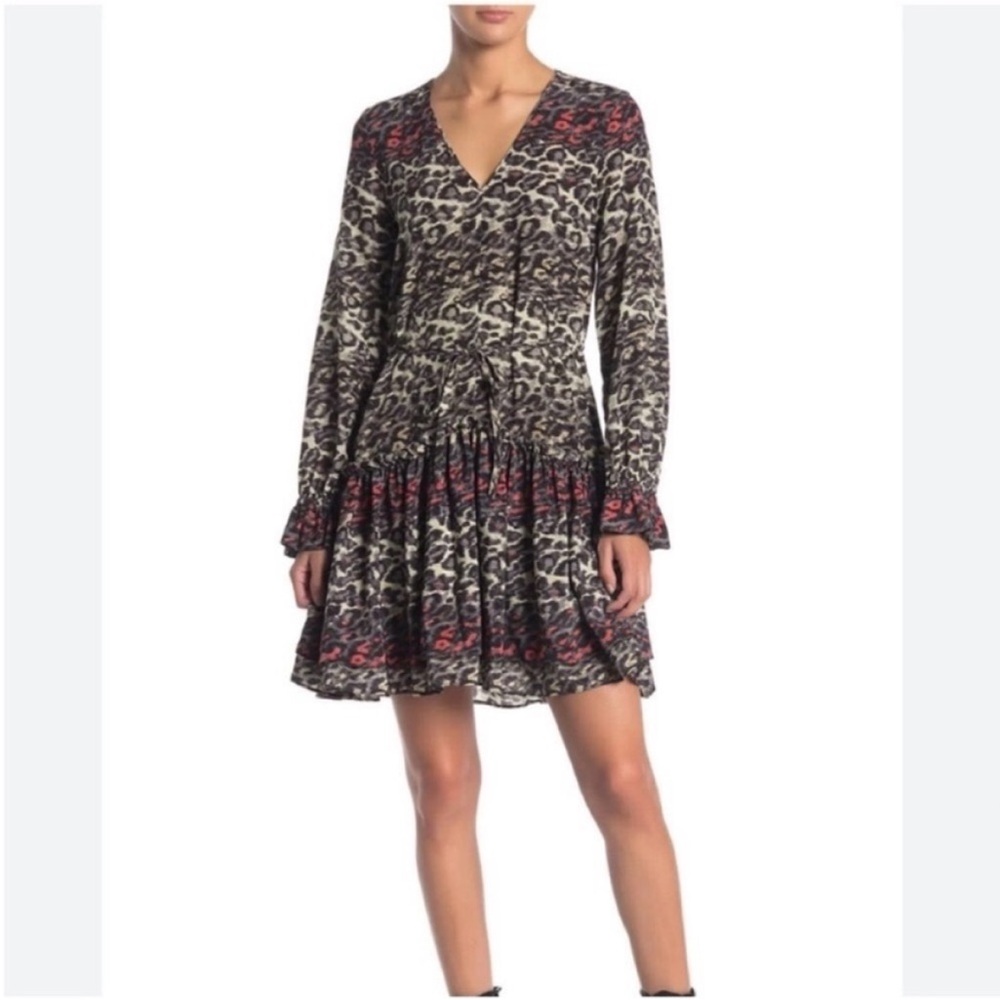 All Saints Alia Juba Silk V-Neck Long Sleeve Tiered Leopard Print Dress Size XS